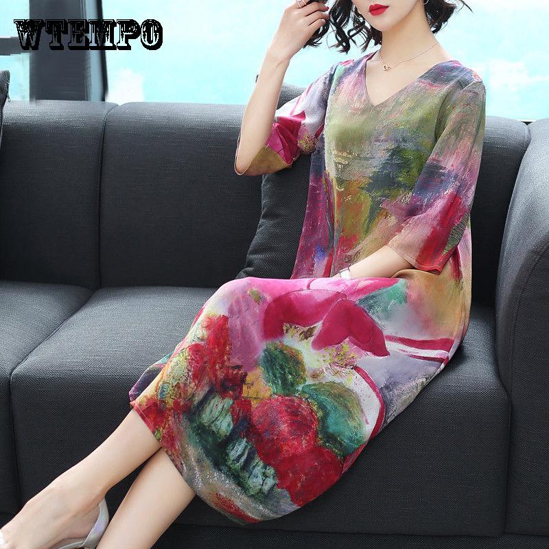 Women Vintage O-Neck Broken Flower Print Long Dress Casual Summer Boho Dresses Loose Dresses