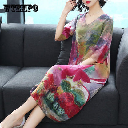 Women Vintage O-Neck Broken Flower Print Long Dress Casual Summer Boho Dresses Loose Dresses