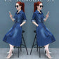 Denim Dress Women's Spring and Autumn Waist Tightening Long-sleeved Mid-length A-line Dress