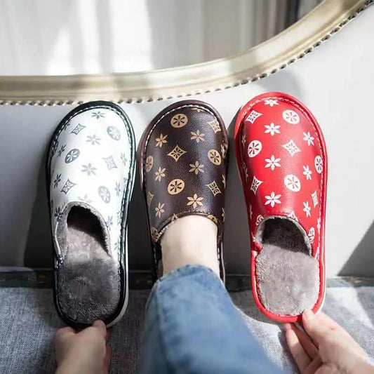 PU Waterproof Slippers Women Men Winter Plush Keep Warm Flat Home Shoes Woman Soft Comfort Female Shoes Sewing Interior Slipper