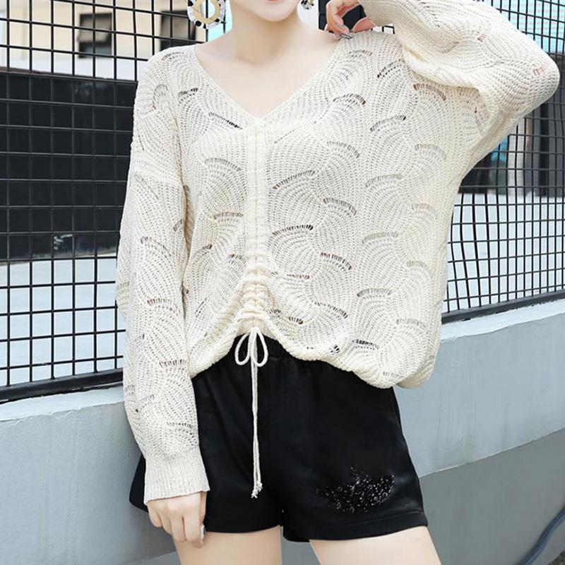 Spring and Autumn Style Hollow Loose Knit Sweater Women V-neck Slim-fit Warm Sweater Long-sleeved Pullover Casual Top