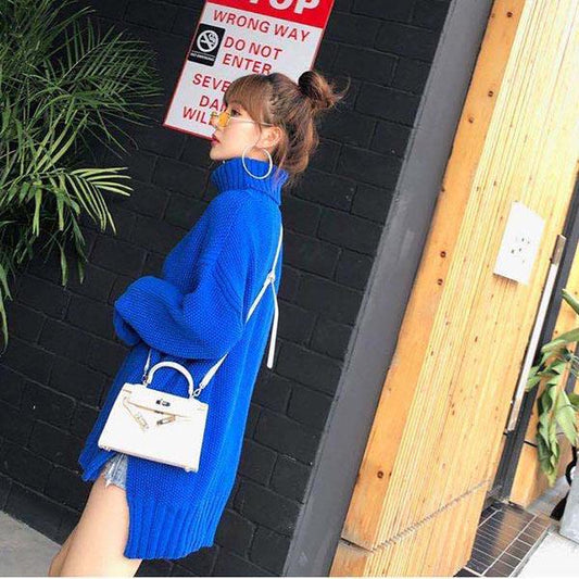 Sweater Women Autumn and Winter Europe and The United States All-match Lazy Wind Loose Outer Wear Turtleneck Sweater  Red Top