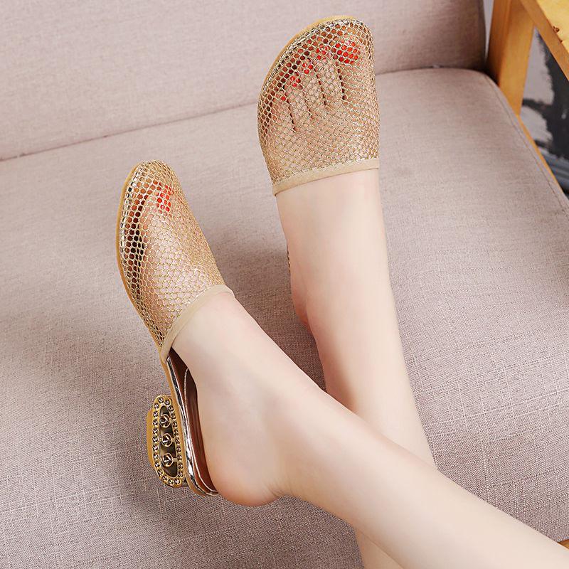 Size 35-42 Women All-match Shiny Slippers Outdoor Diamond High Heels Bohemian Beach Wear-resistant Non-slip Office Lady Lace Mesh Sandals
