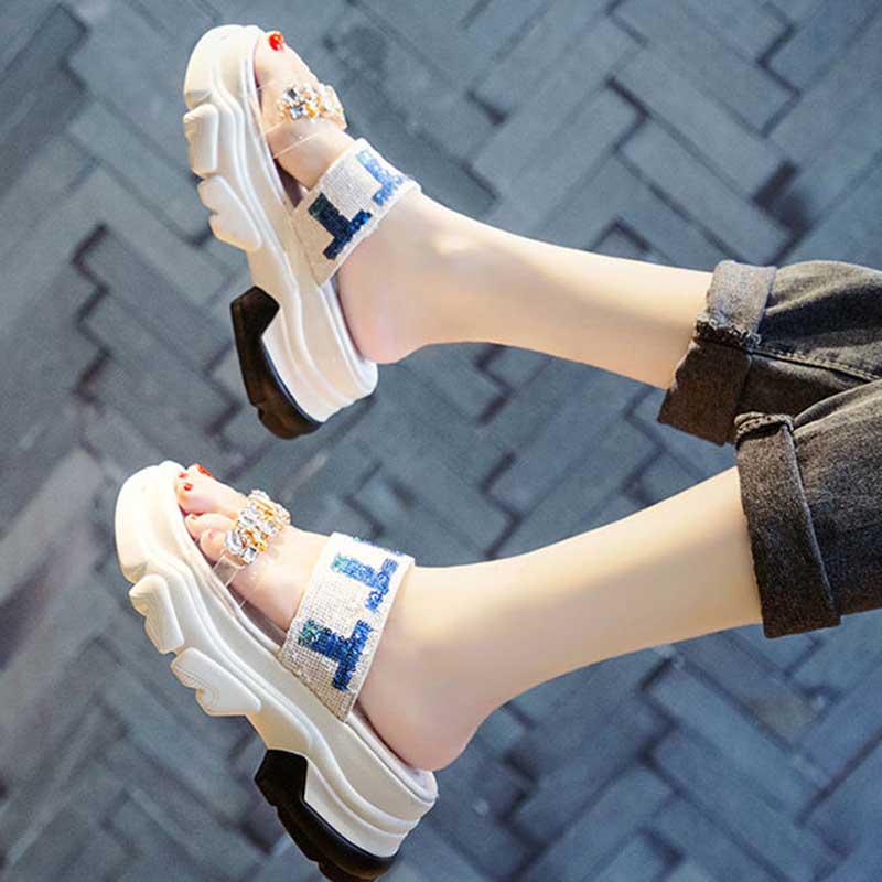 Size 35-39 Summer Women Shiny Slippers Bohemian Beach Wear-resistant Non-slip Slippers Wedge Platform Rhinestone Sandals Outdoor Crystal High Heels