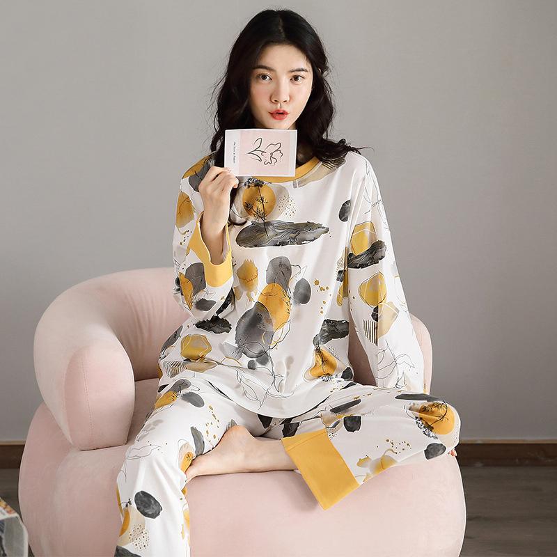 Women Cotton Pajamas Set Cartoon Cute Female Pyjamas Suit Long Sleeve Sleepwear Tops and Pants Sets Home Wear Casual Loose Pullover Nightwear