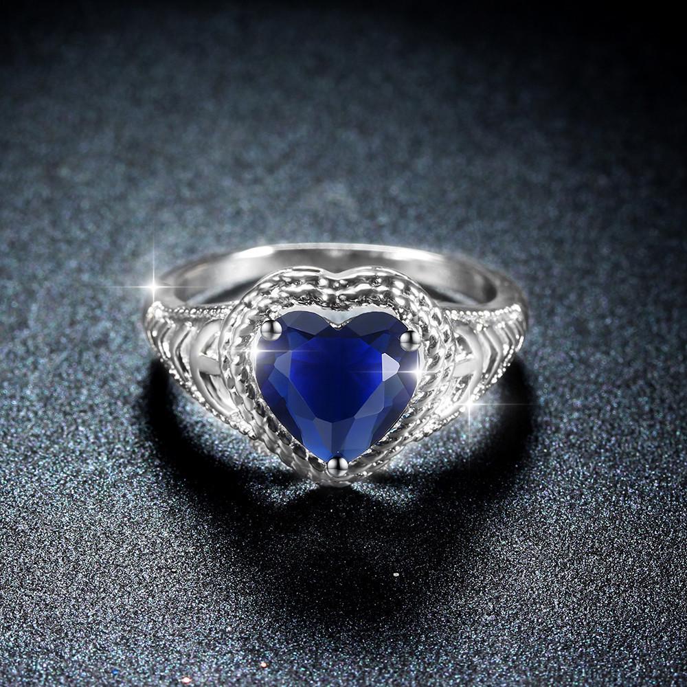 Royal Blue Love Heart Shaped Zircon Ring Single Zircon Ring Blue Oval Double Layer Multilayer Diamond Zircon Ring