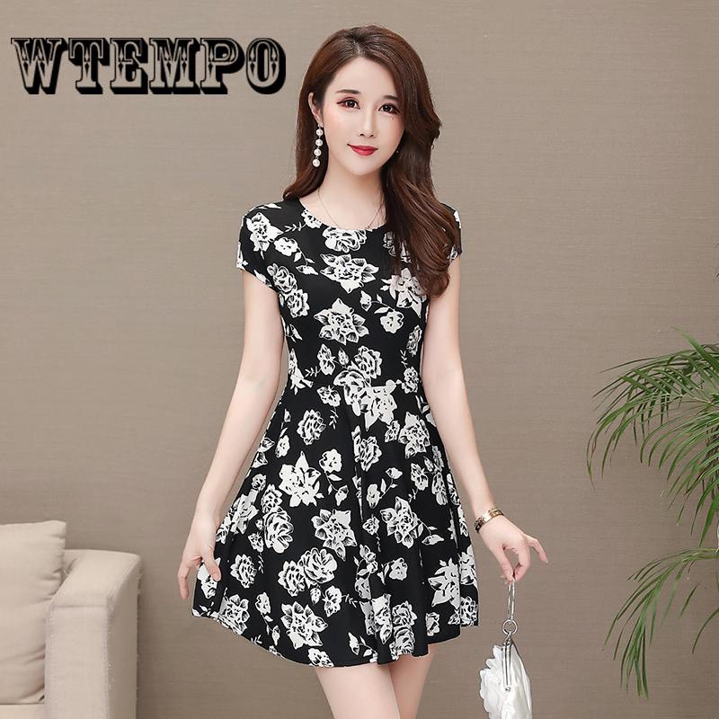 Women A-line Floral Print Midi Slim Elegant Party Vintage Dress Belt