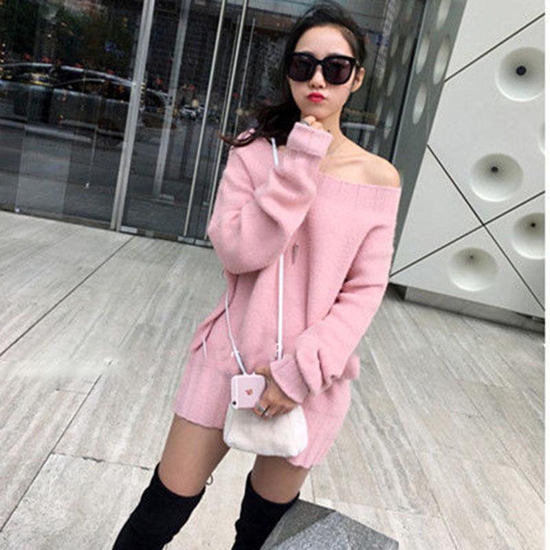 Women sexy Off-shoulder Sweaters  Autumn Winter Mid-length Loose  Knitted  pullover Sweater Dress