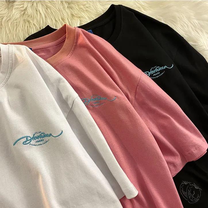 Women Summer Tees Cotton Funny Strawberry Embroidery Short Sleeve T-shirt Half-sleeve Letters Tops