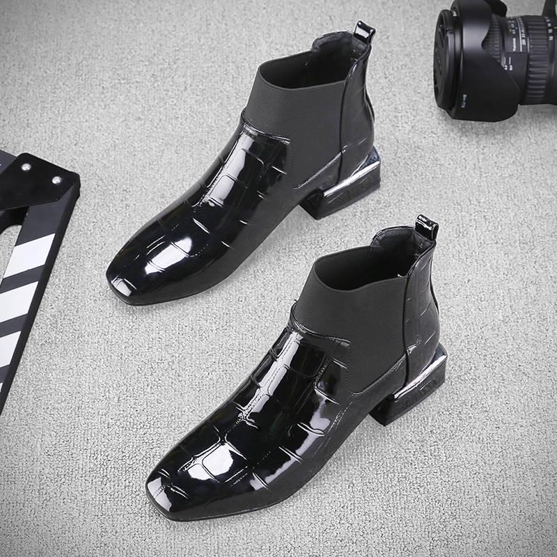 Chelsea Booties Ankle Boots Women Short Patent Leather Thick High Heels Martin Botas Winter Shoes