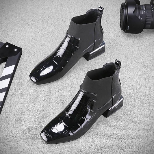 Chelsea Booties Ankle Boots Women Short Patent Leather Thick High Heels Martin Botas Winter Shoes