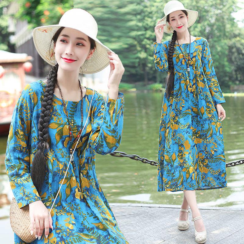 Ladies Spring and Autumn Long-sleeved Dress Retro Loose Large Size Ethnic Style Long Print New A-line Skirt