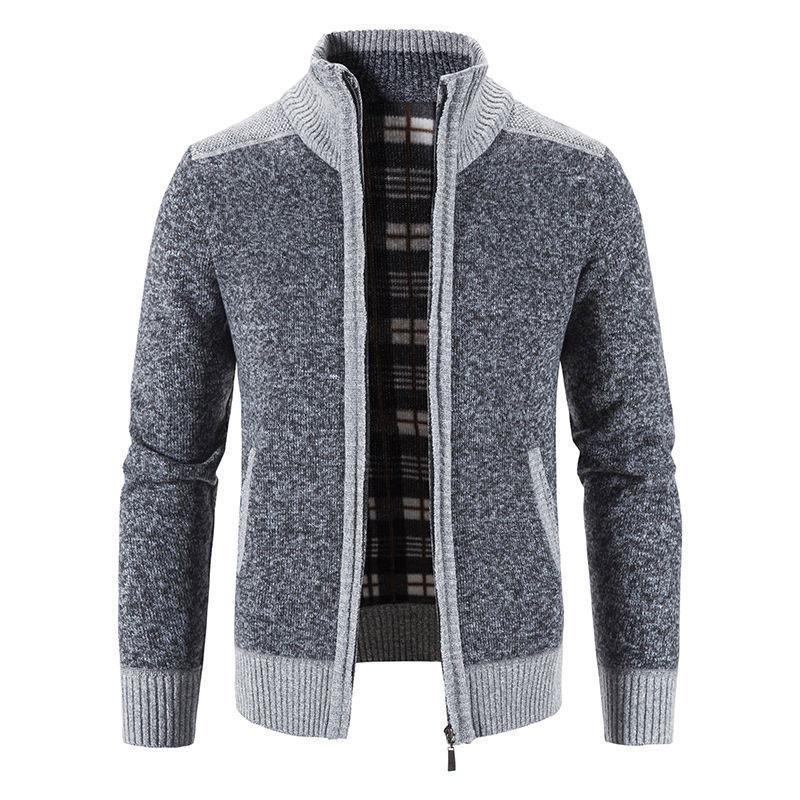 Men's Sweater Stitching Plus Fleece Warm Zipper Sweater Autumn and Winter Coat Loose Cardigan Sweater