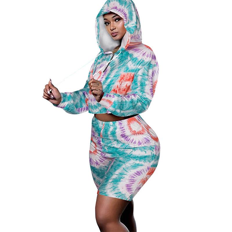 2PCS Women's Tie-Dye Hoodie Casual Home Sports Shorts Set Women's Fitness Set Girl's Gym Running Fitness Athletic Clothing Sets