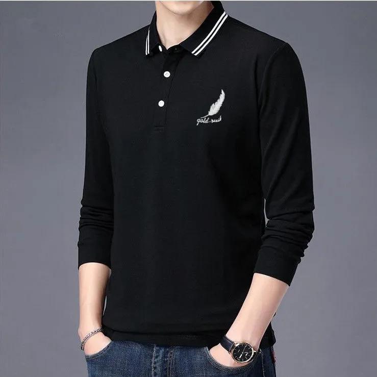Men's Embroidered Long Sleeve Polo Shirt Cotton Large Size Lapel T-Shirt High Quality Bottoming Solid Color Top