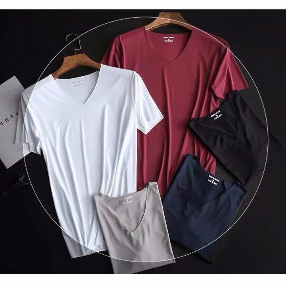 Summer Men's Ice Silk Seamless Short-sleeved Solid Color Stretch Men's T-shirt V-neck Quick-drying Thin Section Slim Half-sleeved Bottoming Shirt