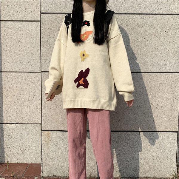 Autumn and Winter College Style Thinner Round Neck Embroidery Sweater Female Student Loose Mid-length Sweater Coat