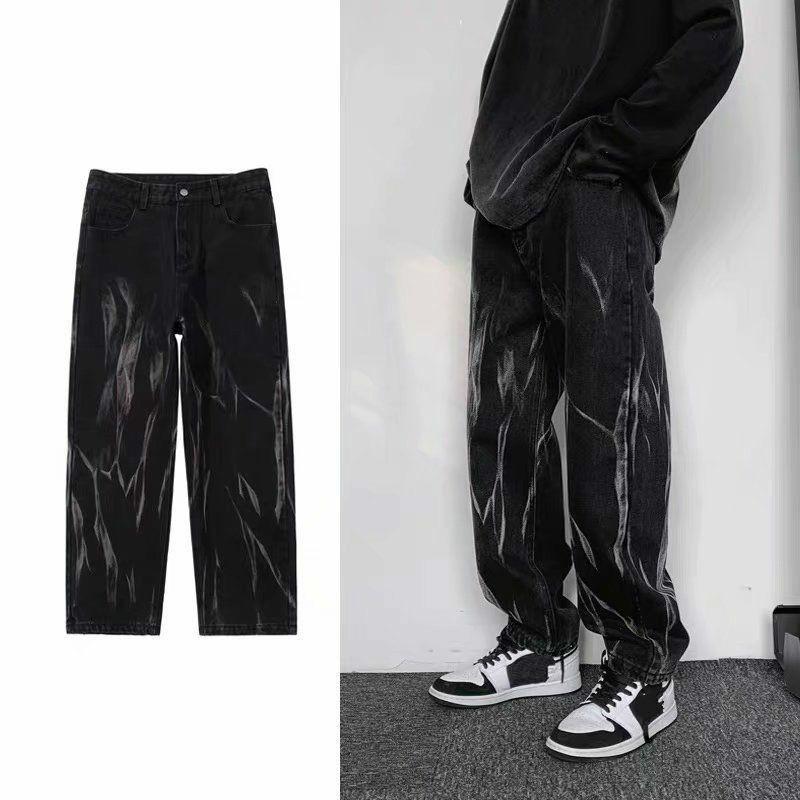 Black Tie-dye Jeans Men's Straight Loose and Handsome Pants High Street Ins Tide Brand
