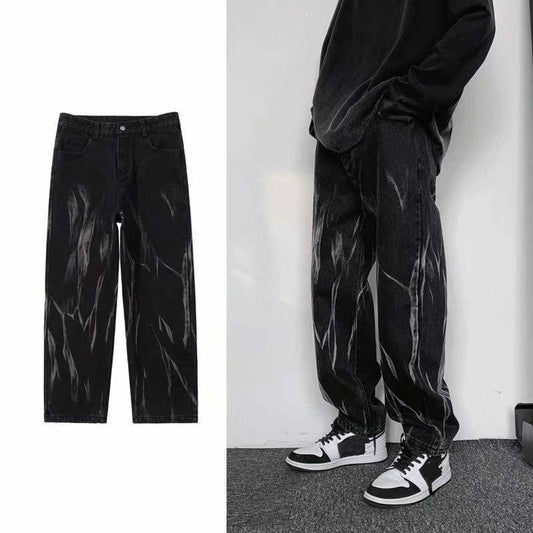 Black Tie-dye Jeans Men's Straight Loose and Handsome Pants High Street Ins Tide Brand