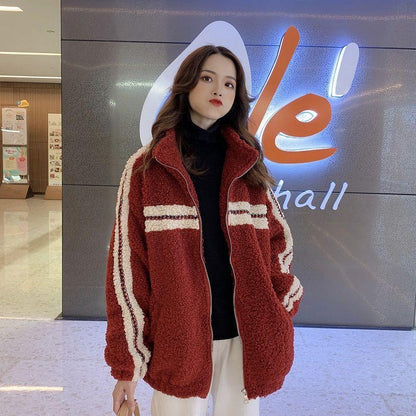Autumn and Winter All-match Lamb Wool Stand-up Collar Jacket Women Retro Loose Thickened Lamb Wool Jacket Short