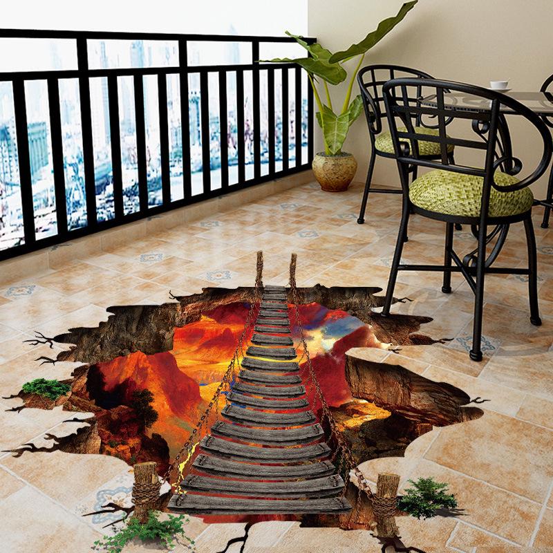 [Wall stickers] 3D broke Fire Mountain Cable Bridge Wall Stickers Home Decor Living Room Bedroom Flo