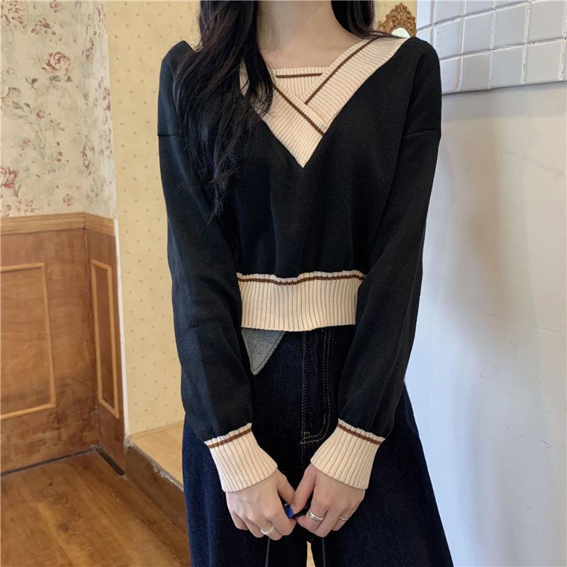 Temperament Short Knit Sweater Women's Spring and Autumn Long-sleeved Sweater Design Niche V-neck Blouse Comfortable Stretch Slim Fit