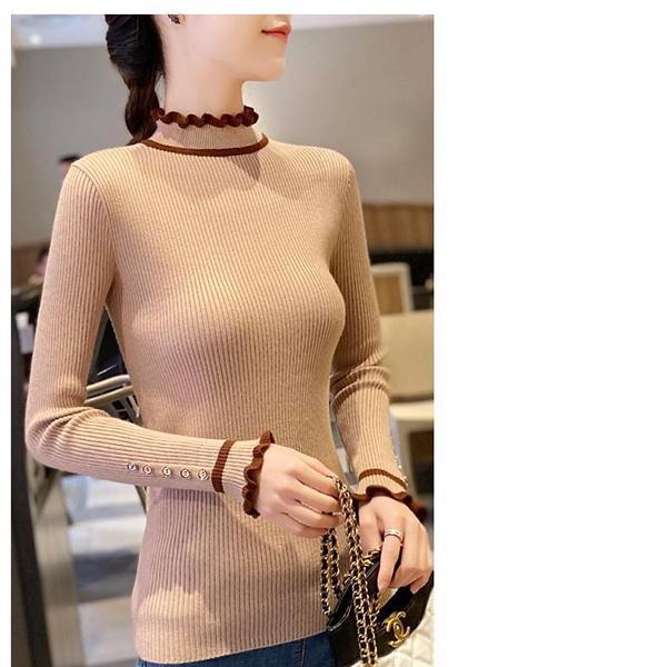 Women's Knitted Bottoming Shirt In Autumn and Winter To Wear Slim and Thin Half Turtleneck Sweater with Wood Ears Thick Western Style Sweater Top