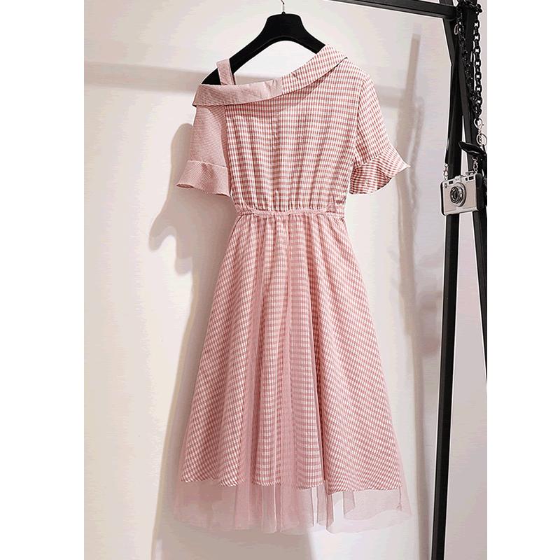 Pofulove Plaid Dress Summer Women  Oblique Shoulder Mesh Dress Shirt Dress with Pockets