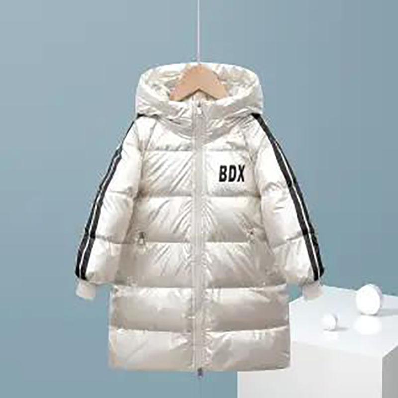 Children's White Duck Down Warm Down Jacket Mid-length Plus Velvet Padded Over The Knee Coat Winter