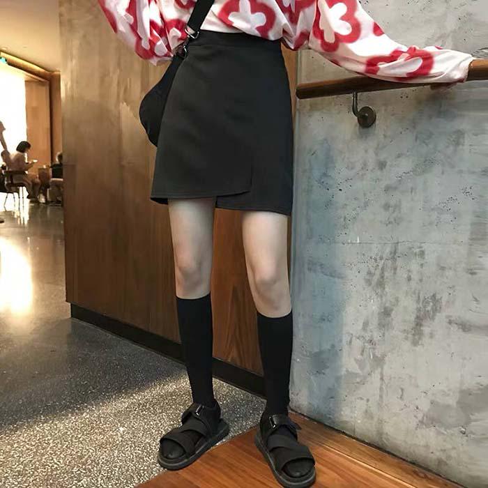 XS-2XL Pofulove Black Anti-light Skirt Student Irregular High Waist Thin Sexy A-line Split Skirts