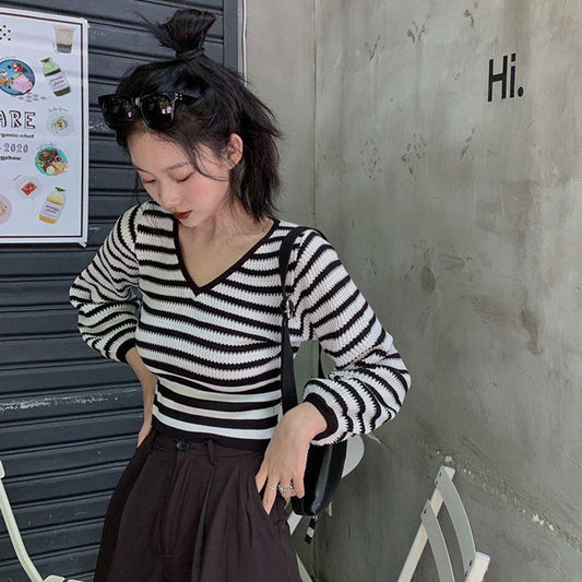 Autumn Color Contrast Striped V-neck Sweater Women's Long-sleeved Outer Wear Tight-fitting Short Top