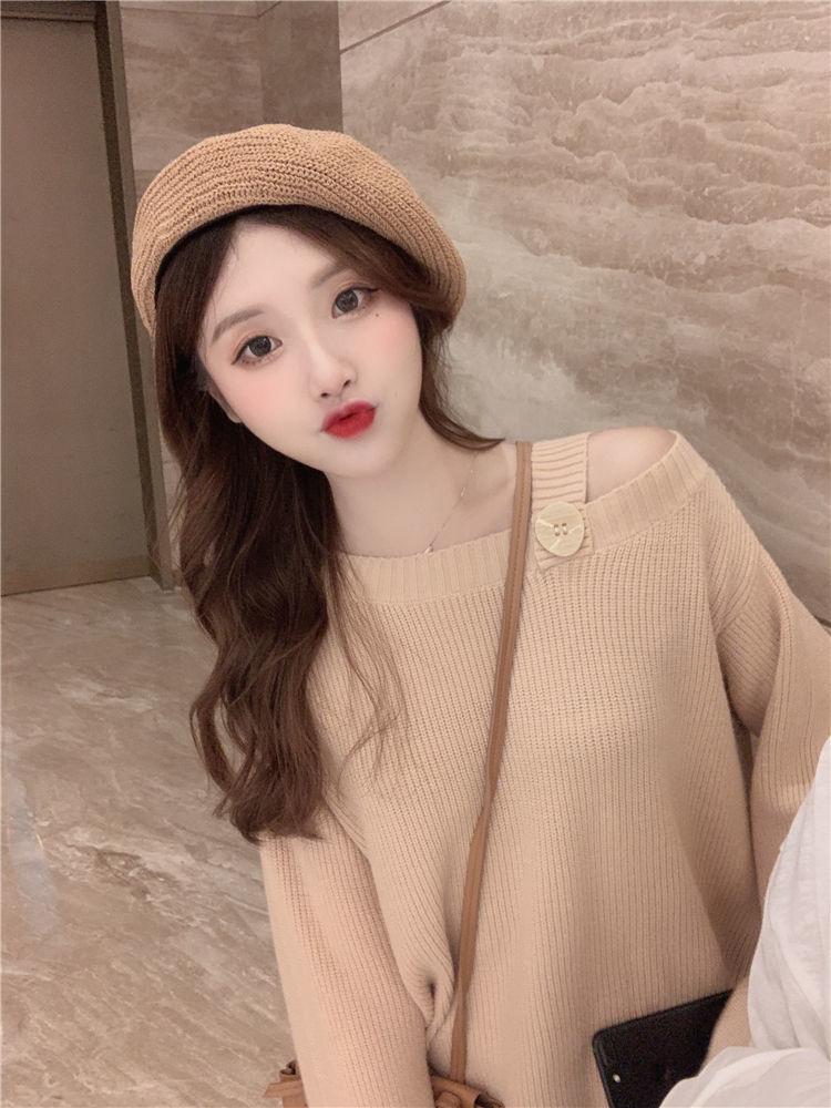 Sweater Women Loose Outer Wear Gentle Temperament Off-shoulder Long-sleeved Solid Color Pullover Sweater Top