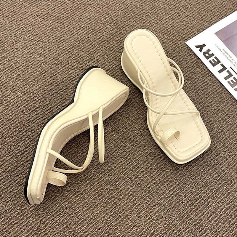 Women's Sandals Slippers Summer Cross Straps Clip-toe Non-slip Slippers Thick Bottom Heightened Wedge Flip Flops Beach Temperament All-match Sandals