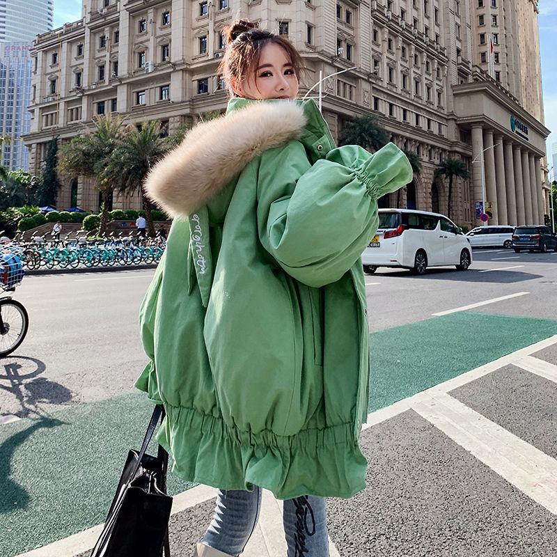 Winter Ruffled Thickened Women's Cotton-padded Jacket Mid-length Fur Collar Hooded Cute Rabbit Ears Cotton-padded Jacket Fashion Warmth Parka Coat