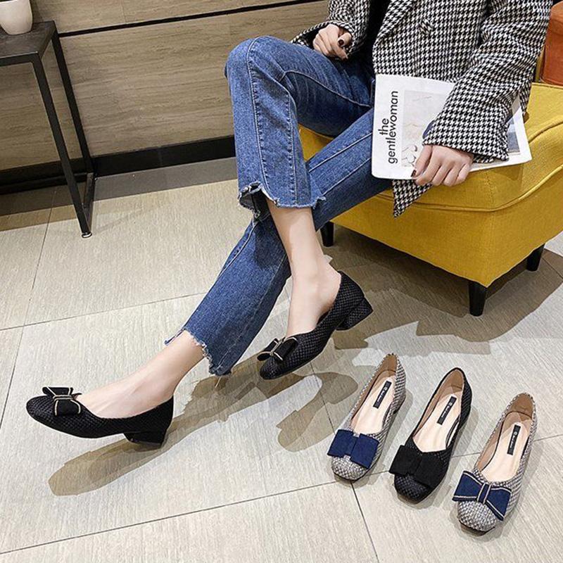 Bowknot Soft Sole Thick Heel Shoes Women Spring Korean Style Square Toe Woven Low-heeled Women's Shoes