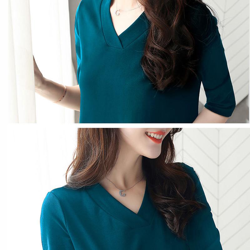 Ladies Dress Solid Color Five-quarter Sleeves Spring and Summer V-neck Large Pockets Pure Cotton Sweat-absorbing Soft and Comfortable