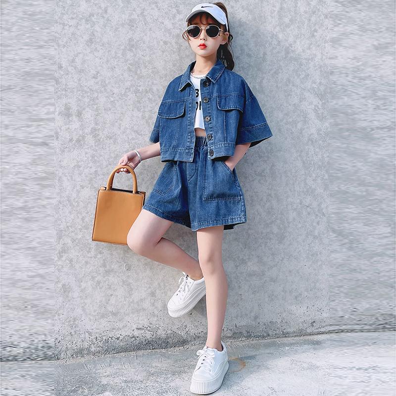 Girls' Suit Summer Clothes Children's Net Red Thin Denim Loose Korean Style Children's Clothes