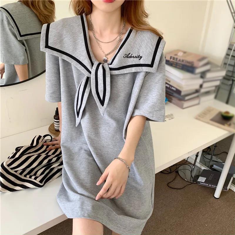 Retro Cute Style Solid Color Sailor Collar Navy Dress Sweet Bow-knot Student Girls Above Knee Dress