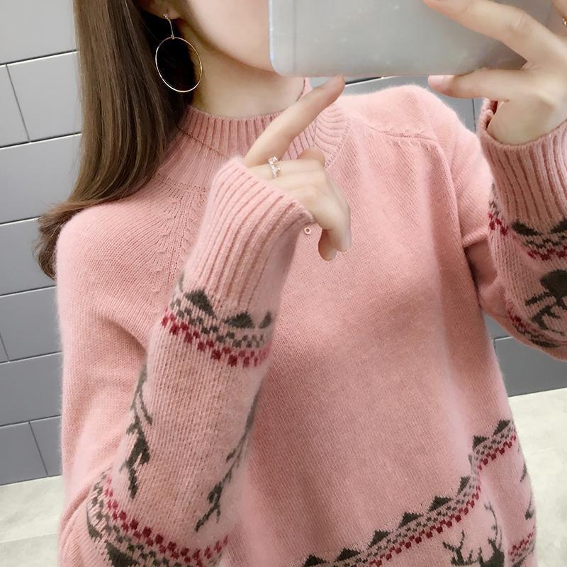 Autumn and Winter Thick Sweater Fawn Pattern Jacquard Knitted Bottoming Shirt Loose and Simple Women's Top