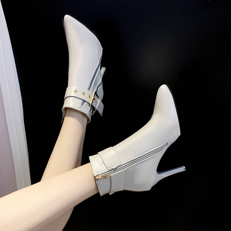 Women Mid Calf Boots Pointed Toe Zippers Martin Casual Lace-up High Heel Boots Ankle Boot Winter