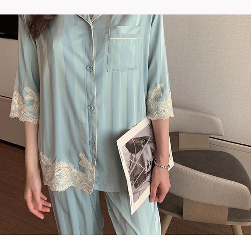 Women's Spring Autumn Long-sleeved Pajamas Set Sexy Lace V Neck Ice Silk Jacquard Striped Homewear Loose Comfortable Sleeping Suit Two-piece Set