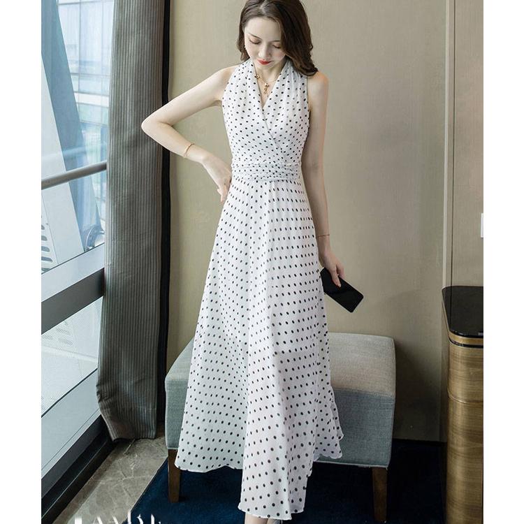 Sexy Polka Dot Dress Bohemian Sleeveless Maxi Dress Summer High Waist Bandage Halter Beach Sundress