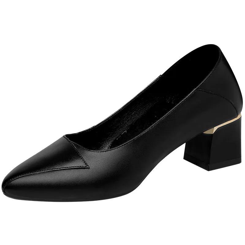 Women Heels Leather Black Shoes Office Ladies Shoes Square Heel Pumps Pointed Toe Fashion Designer
