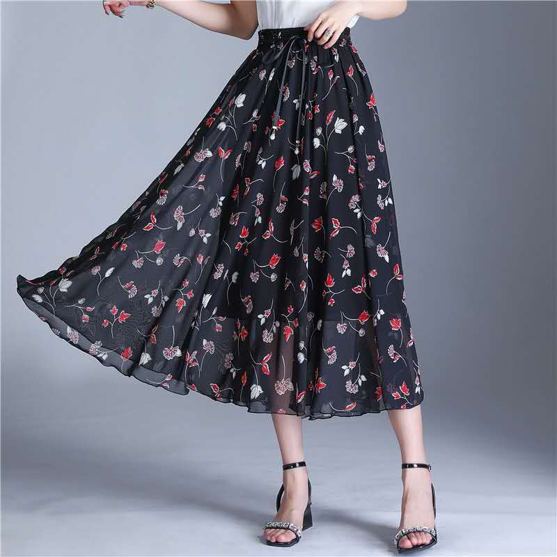 Women's High Waist  Pleated Floral Skirt Summer Mid-length A-line Draping Chiffon Fairy Dress Beach Vacation Daily
