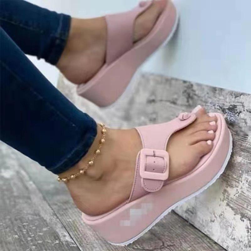 Solid Color Adult Flat-heeled Viscose Shoes Artificial PU Casual European American Breathable Low-heel Buckle Flip Flops