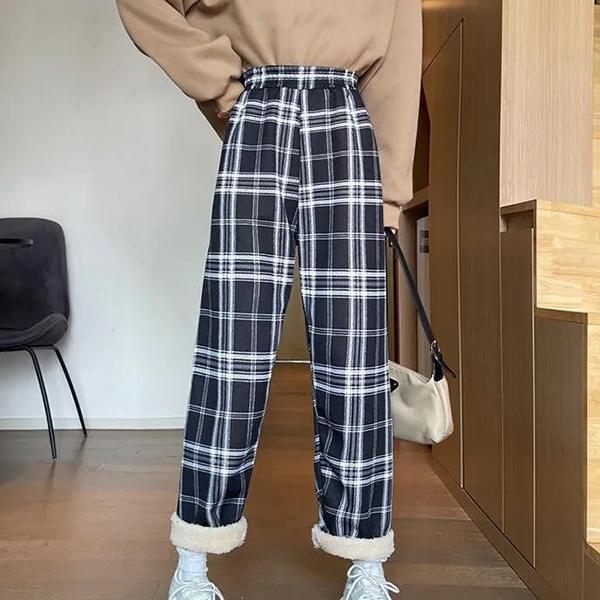 Women's Winter Casual Cashmere Plaid Slim Pants Female Plush Thickened Versatile Loose High Waist Wide Leg Pants