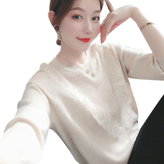 Autumn Casual Fashion All-match Round Neck Pullover Knitted Sweater Temperament Small Shirt Top Sleeves