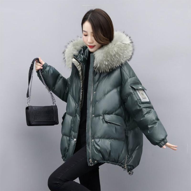 Women's Shiny Down Padded Jacket Mid-length Korean Style Loose Padded Jacket Warm Cotton Coat Big Fur Collar Winter Clothes