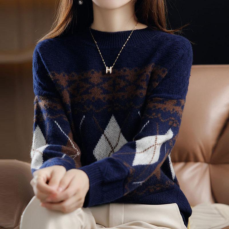 Sweater Women's Rhombus Contrast Color Retro Pullover Knitwear Korean Loose Fluffy Top Trending Sweater Autumn and Winter