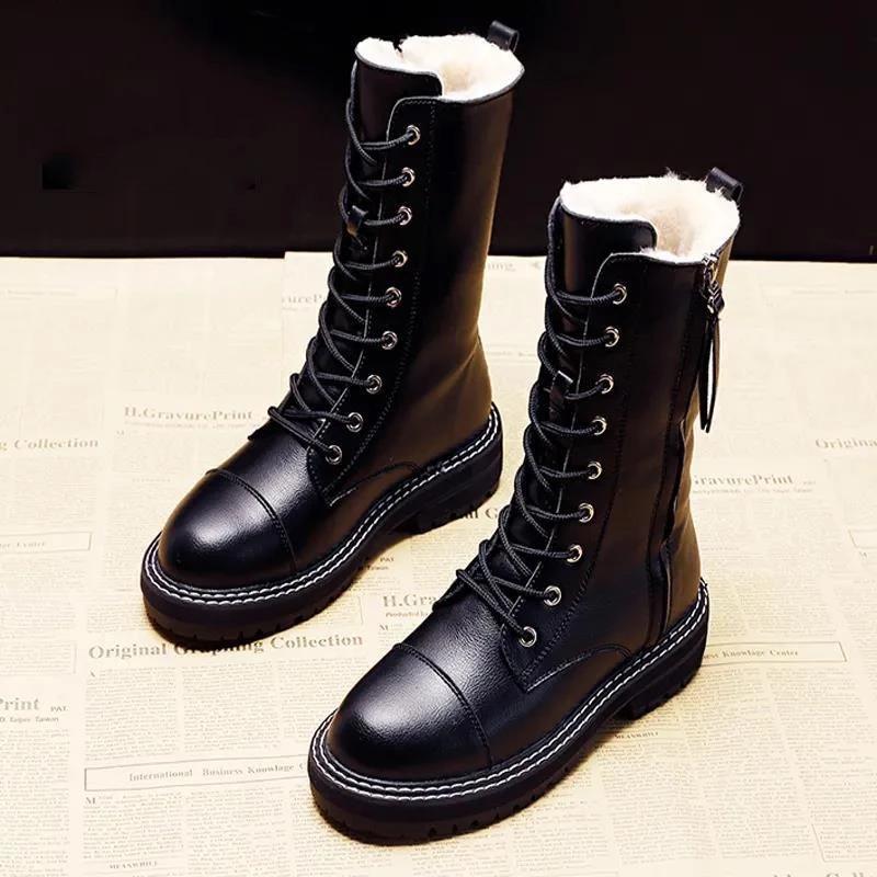 Women Boots Winter Black Leather Goth Shoes Lace Up Ankle Booties Woman Western Platform Shoes Chunky Boots Warm Boots